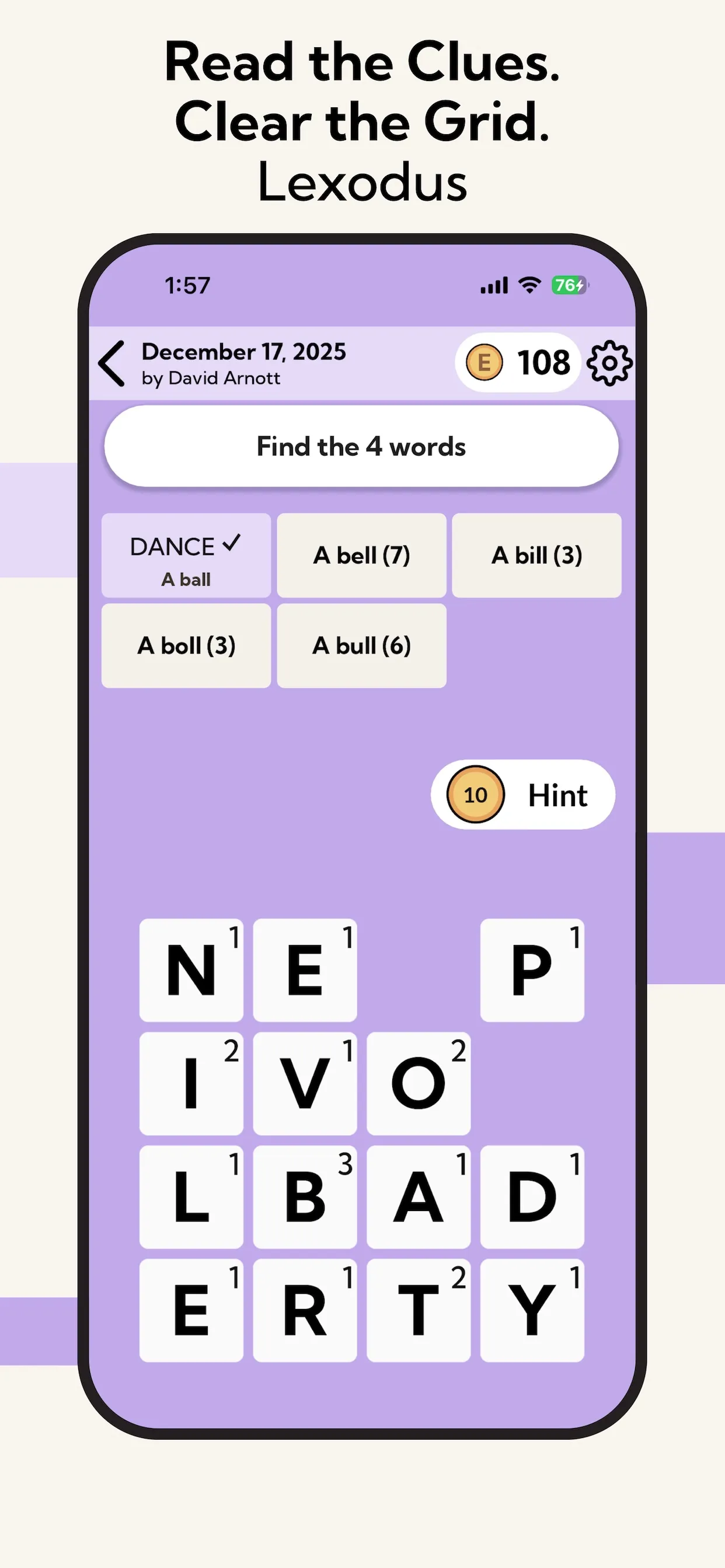 Eric's Ultimate Puzzles, Lexodus: the December 17, 2025 puzzle by David Arnott, clues such as Dance, A ball, A bell above a grid of letter tiles to clear