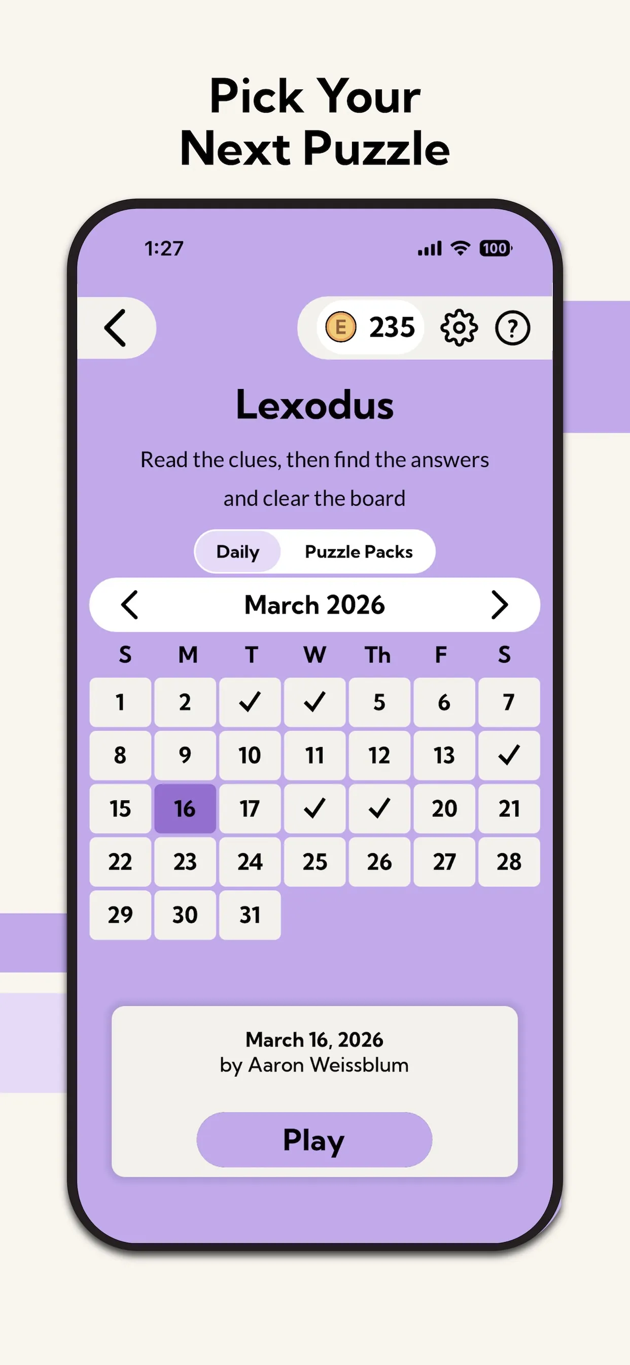 The Lexodus daily calendar for March 2026 with solved days ticked