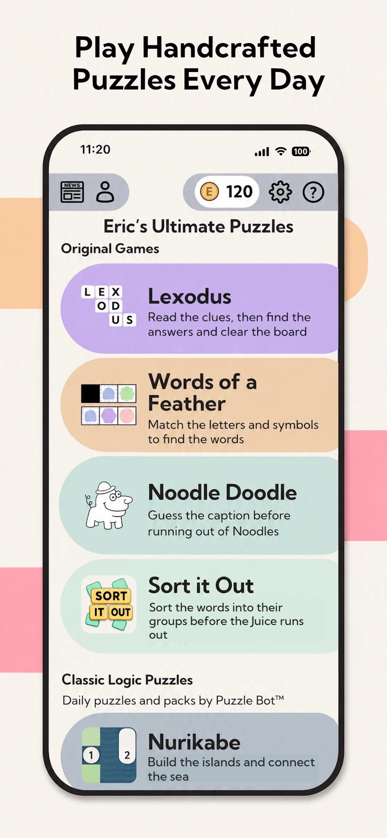 Eric's Ultimate Puzzles main menu listing Lexodus, Words of a Feather, Noodle Doodle, Sort it Out and Nurikabe
