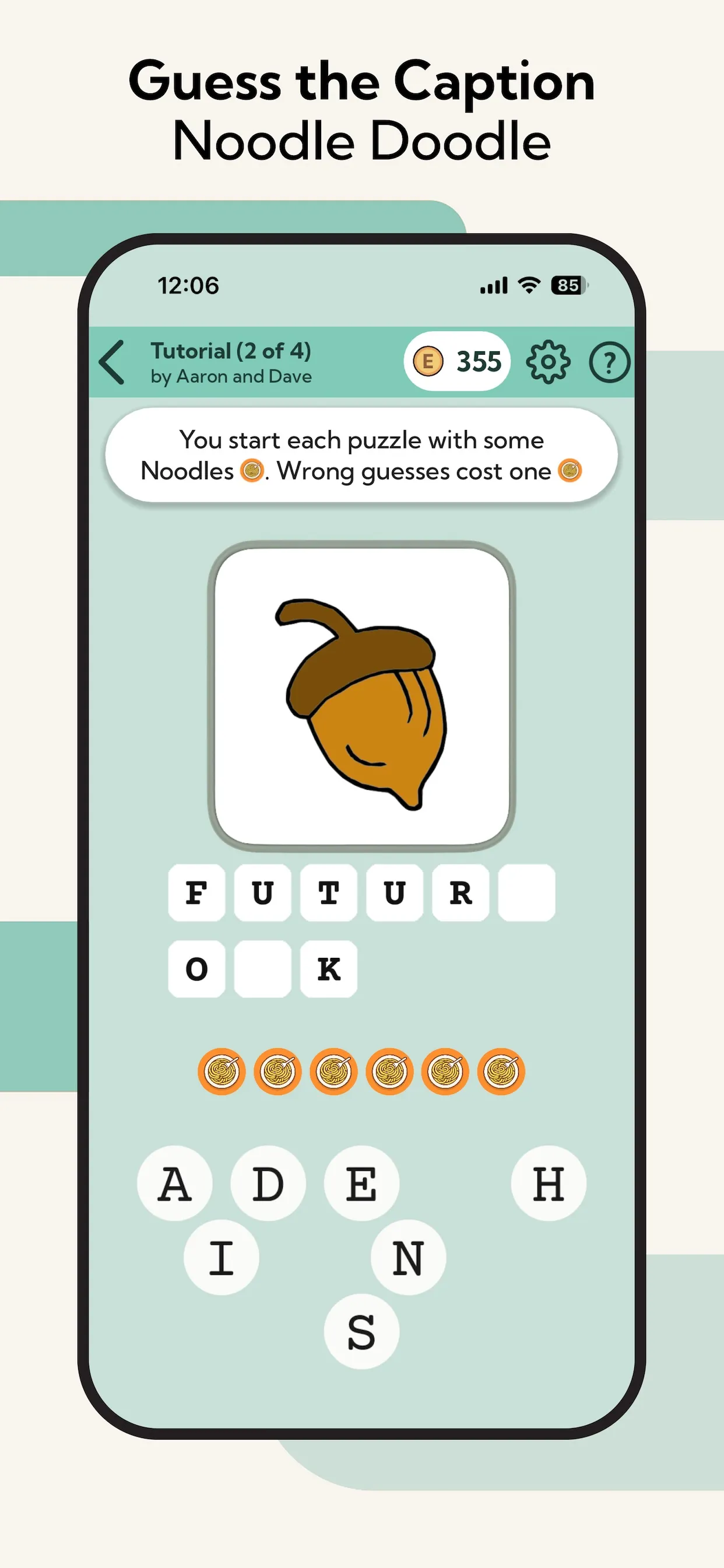 Noodle Doodle in Eric's Ultimate Puzzles: a drawn acorn above a half-filled caption, a row of noodle lives and letter buttons to guess with