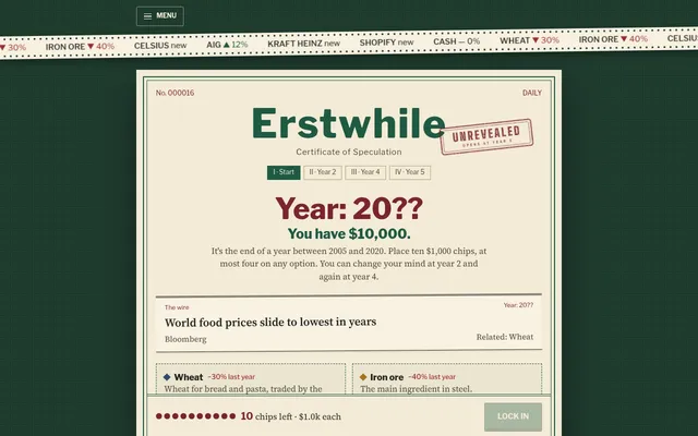 Erstwhile No. 16 at the start: a hidden Year 20??, $10,000, a Bloomberg headline from the wire, the first assets and ten chips to place
