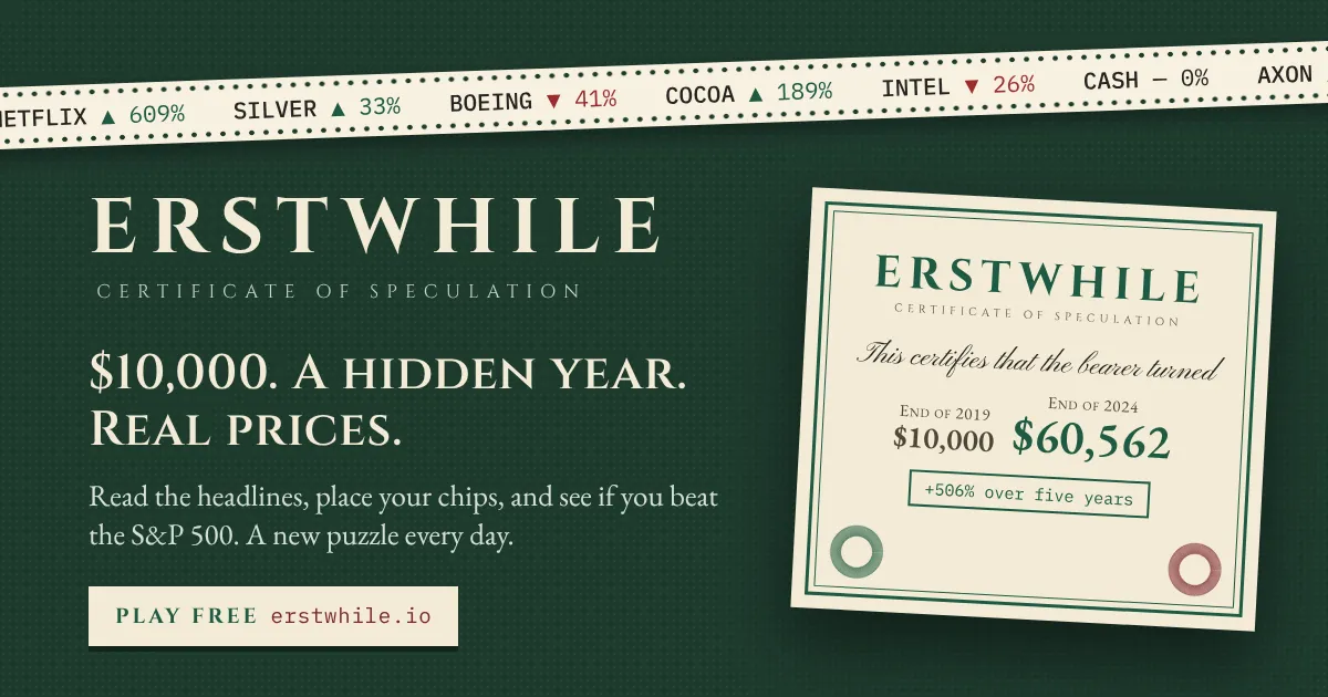 Erstwhile share card: $10,000, a hidden year, real prices, with a certificate showing a five-year result