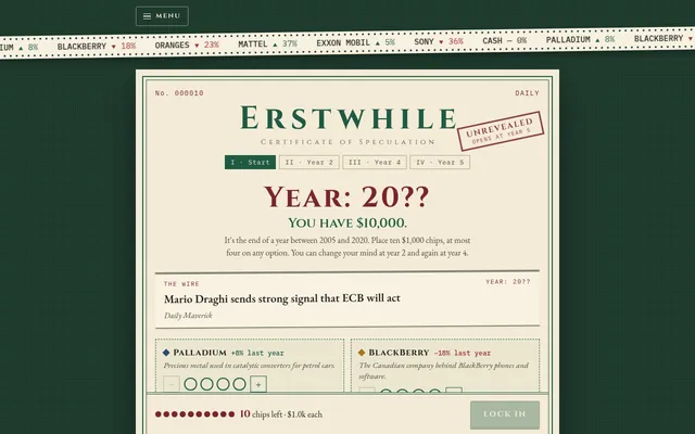 Erstwhile's daily puzzle: a hidden Year 20??, $10,000, a news headline from the wire and the first assets to place chips on