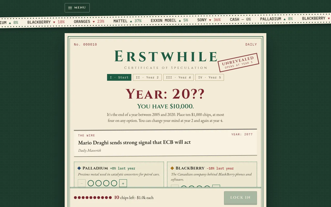 Erstwhile's daily puzzle: a hidden Year 20??, $10,000, a news headline from the wire and the first assets to place chips on