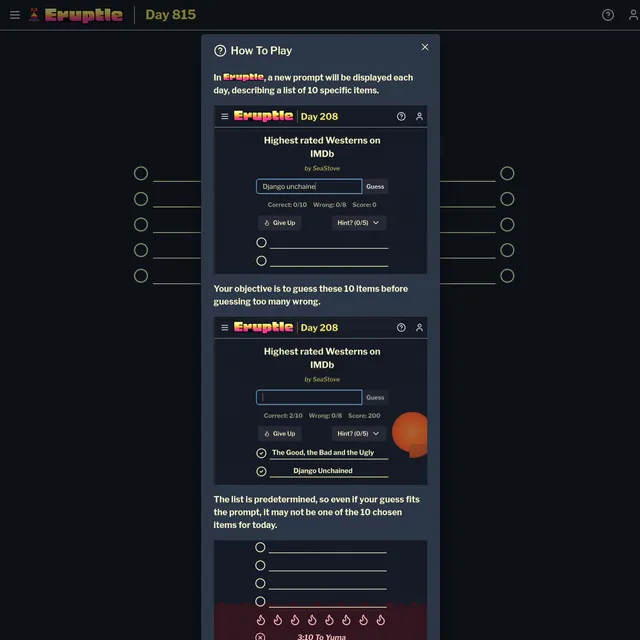 Eruptle Day 815 with the How To Play panel showing an example prompt, Highest rated Westerns on IMDb, and the ten answer slots