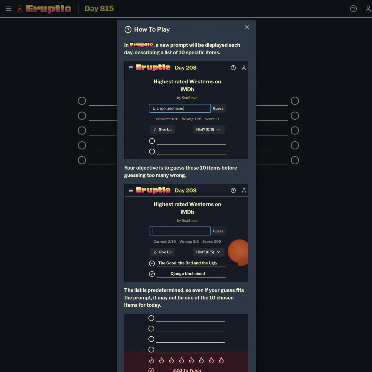 Eruptle Day 815 with the How To Play panel showing an example prompt, Highest rated Westerns on IMDb, and the ten answer slots