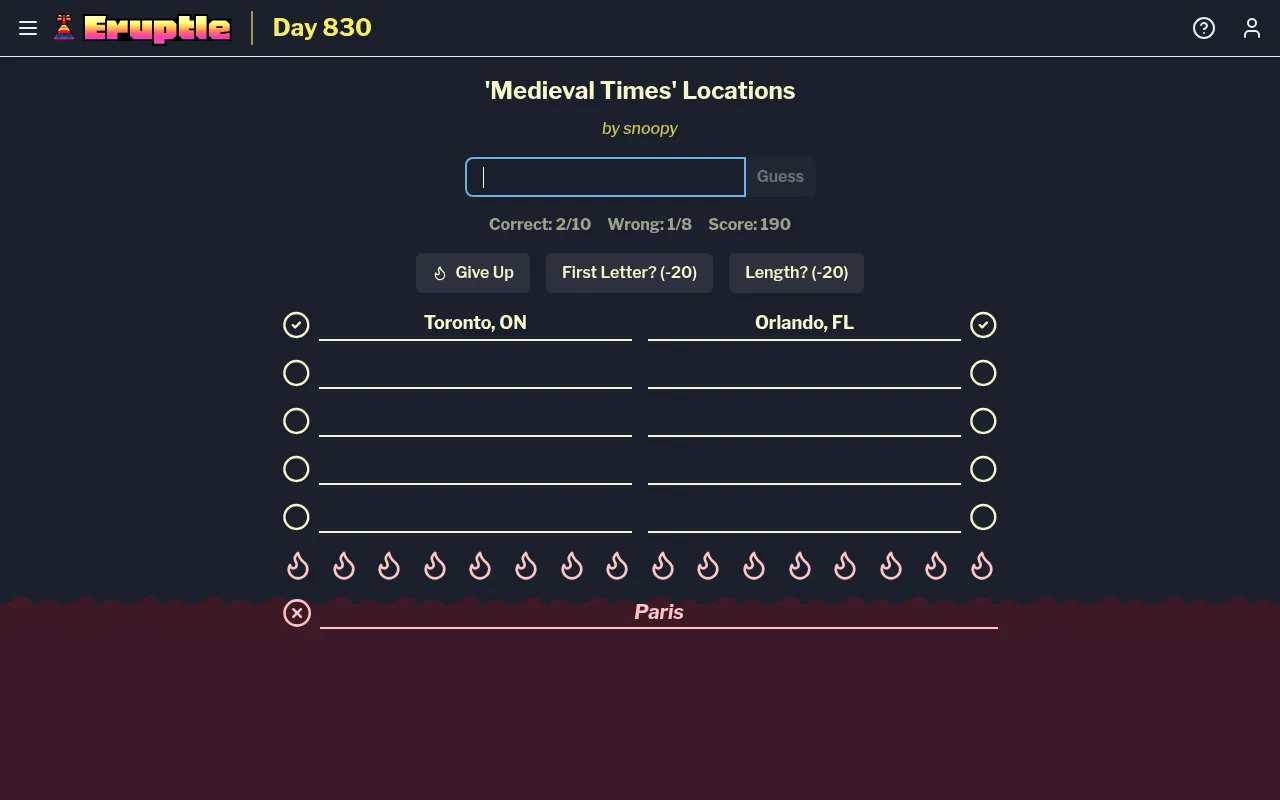 Eruptle Day 830, 'Medieval Times' Locations: Toronto and Orlando found, the wrong guess Paris in the lava below the flame row