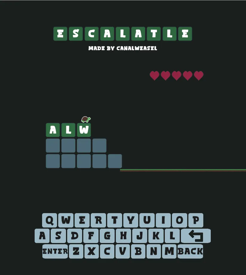 Escalatle start: the turtle on top of the letters ALW with two empty steps below and an on-screen keyboard