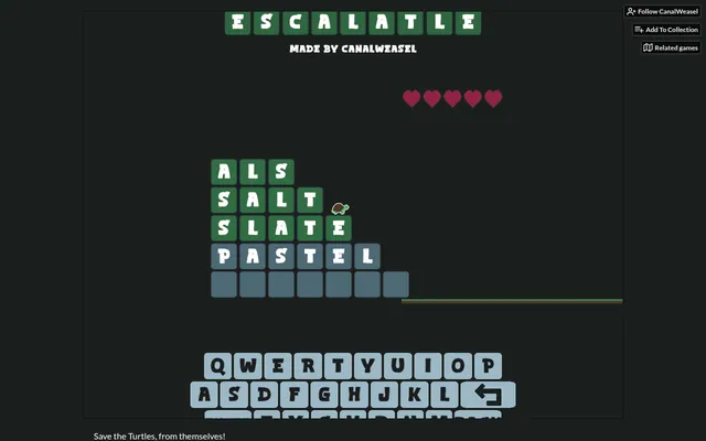 Escalatle Normal board for 26 October 2026: ALS on top, then SALT and SLATE, PASTEL being typed, the turtle on the third step and five hearts