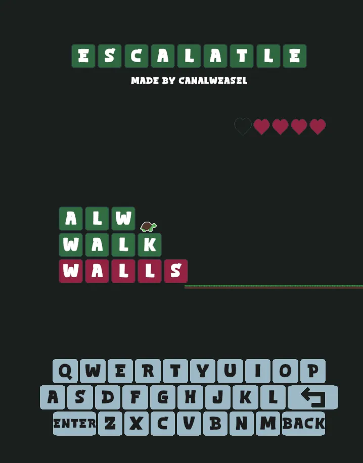 Escalatle mistake: WALK accepted below ALW, then WALLS shown in red and one heart lost