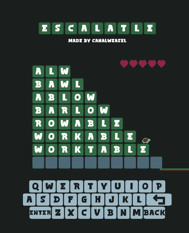 Escalatle staircase of words from ALW through BAWL, ABLOW, BARLOW, ROWABLE and WORKABLE to WORKTABLE, with the turtle near the bottom step and five hearts