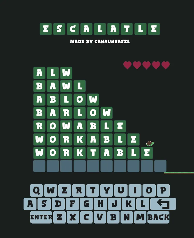 Escalatle staircase of words from ALW through BAWL, ABLOW, BARLOW, ROWABLE and WORKABLE to WORKTABLE, with the turtle near the bottom step and five hearts
