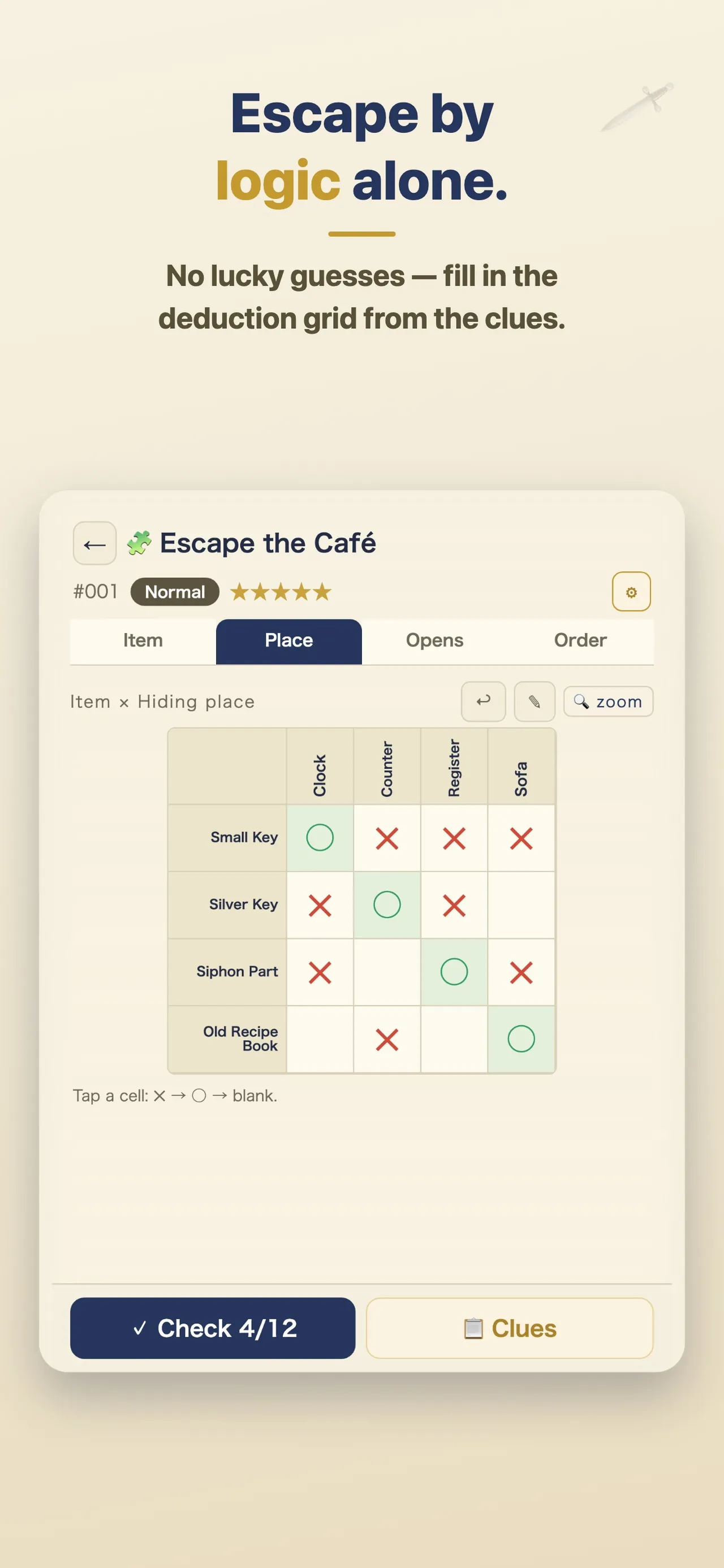 Escape Logic Place tab for Escape the Cafe matching Small Key, Silver Key, Siphon Part and Old Recipe Book to the Clock, Counter, Register and Sofa, with Check 4/12 and Clues buttons