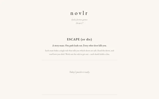The Escape (or die) page on novlr: its title, the line 'A story-maze. One path leads out. Every other door kills you.', its rules and the countdown to the next maze