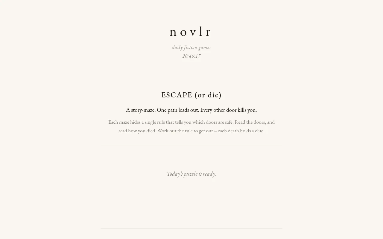 The Escape (or die) page on novlr: its title, the line 'A story-maze. One path leads out. Every other door kills you.', its rules and the countdown to the next maze