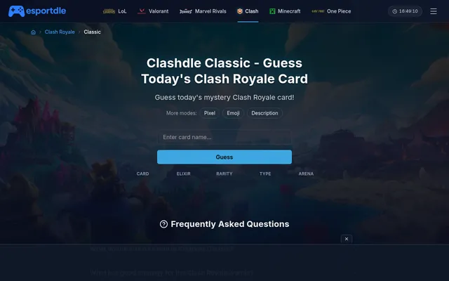 Esportdle Clashdle Classic: Guess today's Clash Royale card, with Pixel, Emoji and Description modes, a card name box and columns for card, elixir, rarity, type and arena