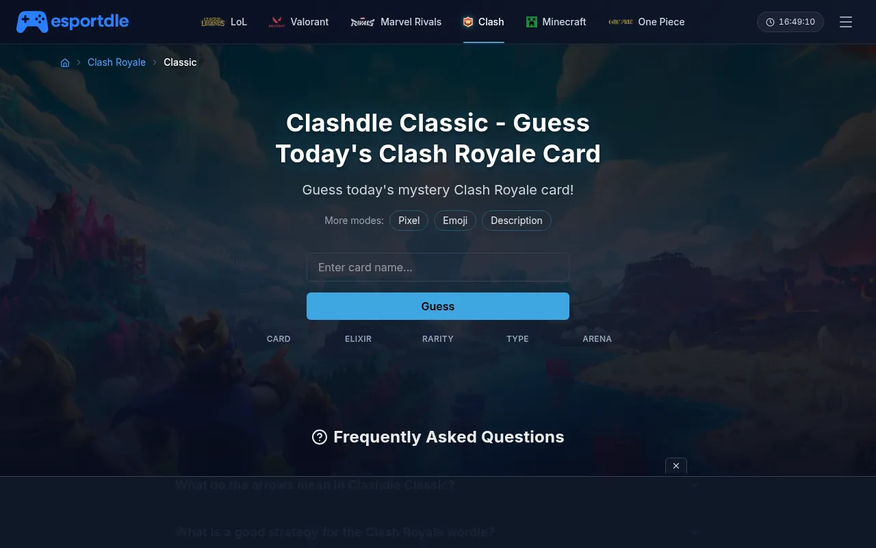 Esportdle Clashdle Classic: Guess today's Clash Royale card, with Pixel, Emoji and Description modes, a card name box and columns for card, elixir, rarity, type and arena