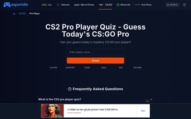 Esportdle CS2 Pro Player quiz: Guess today's CS:GO pro, with a name box, a Guess button and clue columns for player, country, team, role, age and Majors