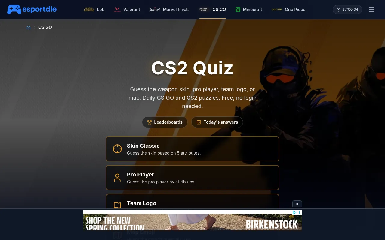 Esportdle CS2 Quiz page listing the daily modes Skin Classic, Pro Player, Team Logo and Map Emoji, with a countdown to the reset