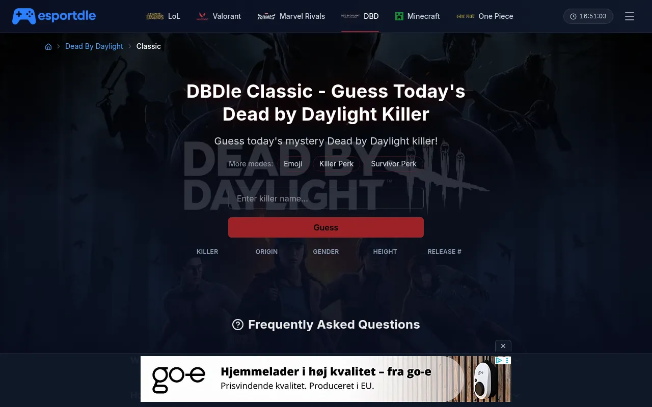 Esportdle DBDle Classic: Guess today's Dead by Daylight killer, with a name box, a Guess button and columns for killer, origin, gender, height and release number