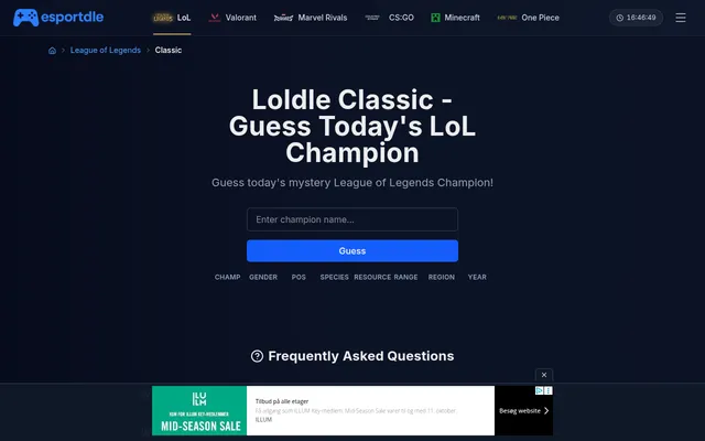 Esportdle Loldle Classic: Guess today's LoL champion, with a name box, a Guess button and columns for champion, gender, position, species, resource, range, region and year
