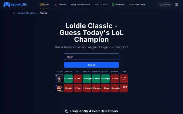 Esportdle Loldle Classic board with two guesses, Garen and Ahri, coloured green and red across gender, position, species, resource, range, region and year
