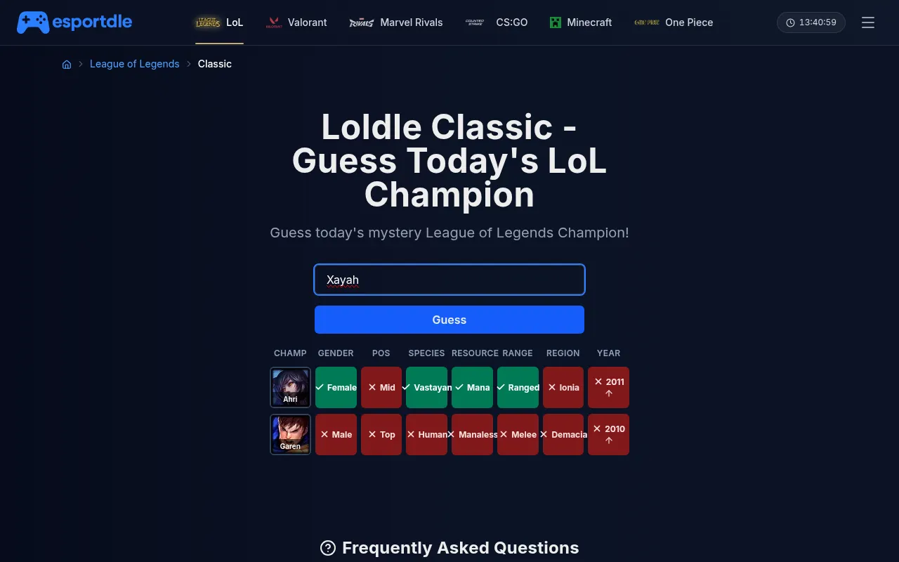 Esportdle Loldle Classic board with two guesses, Garen and Ahri, coloured green and red across gender, position, species, resource, range, region and year
