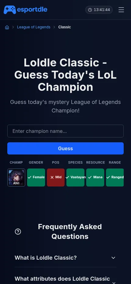 Esportdle Loldle Classic at phone size after guessing Ahri, with gender, species, resource and range matching