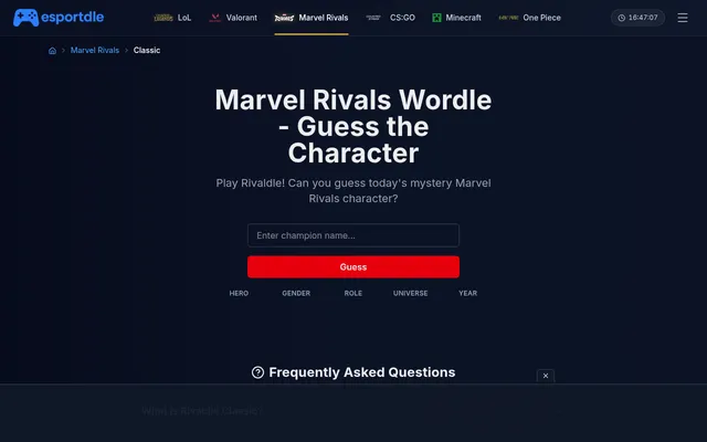 Esportdle Marvel Rivals Wordle Classic: Guess today's Marvel Rivals character, with a name box, a Guess button and columns for hero, gender, role, universe and year