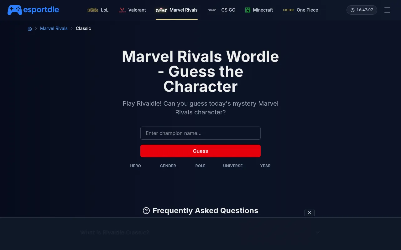 Esportdle Marvel Rivals Wordle Classic: Guess today's Marvel Rivals character, with a name box, a Guess button and columns for hero, gender, role, universe and year