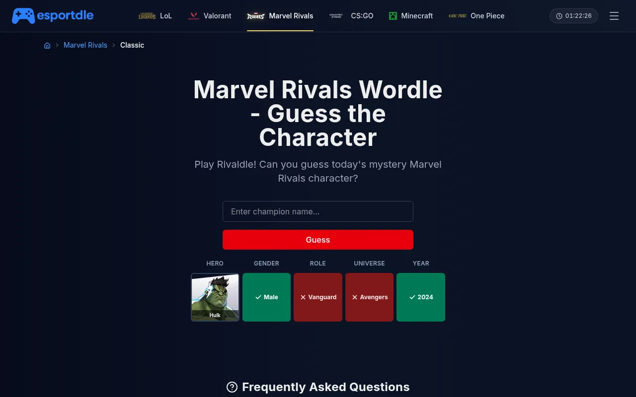 Marveldle Classic board after one guess: Hulk, with gender and year green and role and universe red