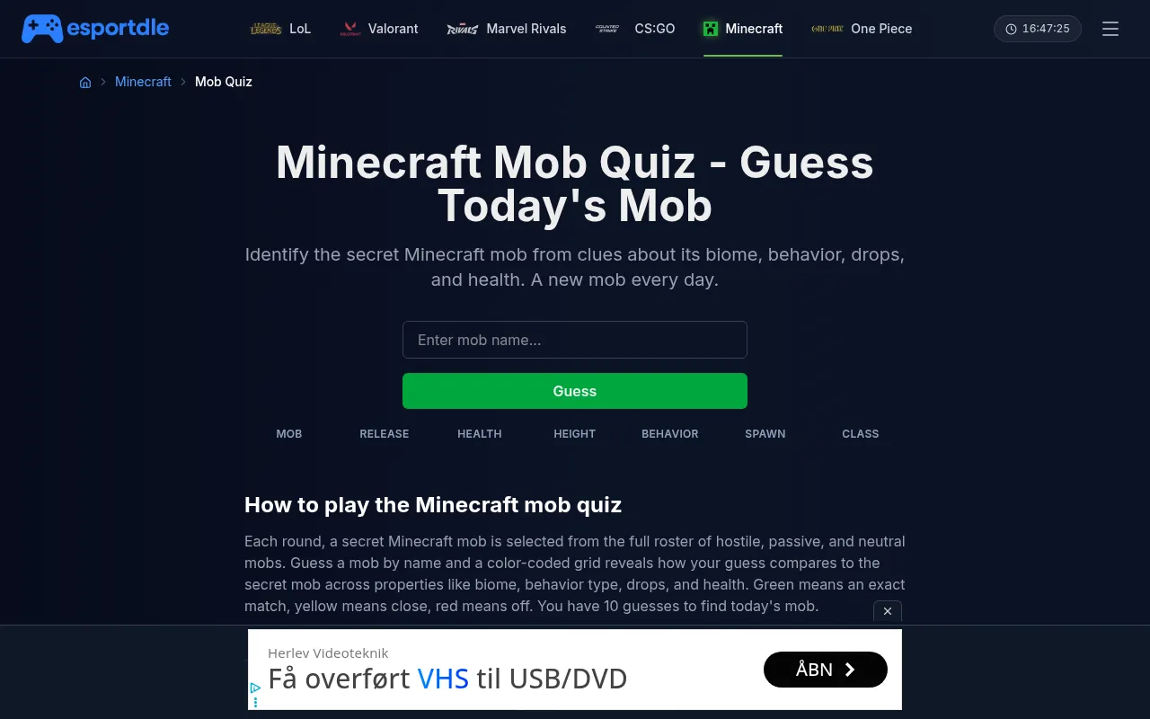 Esportdle Minecraft Mob Quiz: Guess today's mob, with a mob name box, a Guess button and columns for mob, release, health, height, behavior, spawn and class