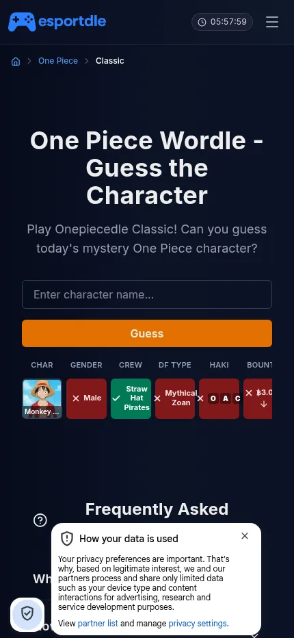 Onepiecedle Classic on a phone after a guess of Monkey D. Luffy, the answer columns scrolling sideways under the Guess button