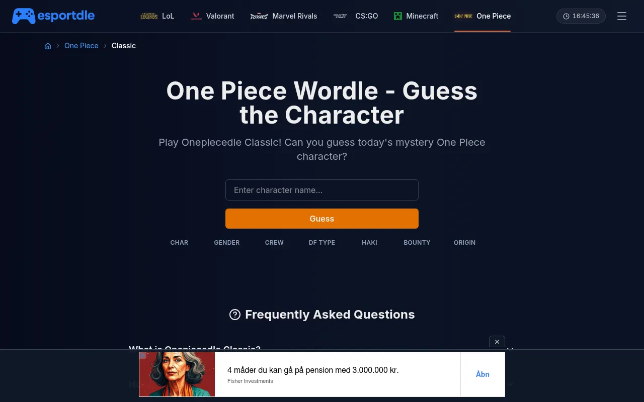 Esportdle Onepiecedle Classic: Guess today's One Piece character, with a name box, a Guess button and columns for character, gender, crew, Devil Fruit type, haki, bounty and origin