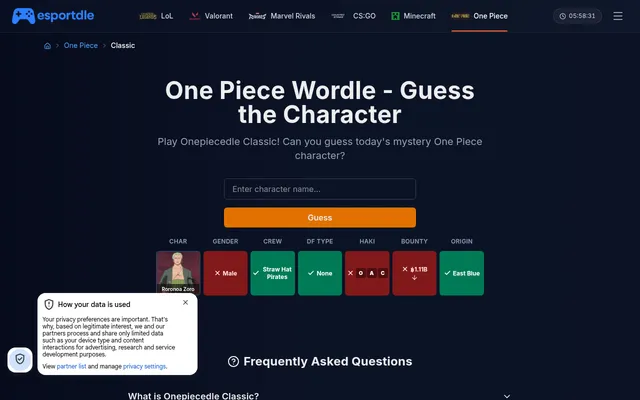 Today's Onepiecedle Classic board after a guess of Roronoa Zoro: crew, Devil Fruit type and origin green, gender, haki and bounty red with a lower arrow