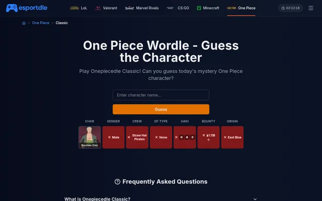 Today's Onepiecedle Classic board on Esportdle after a guess of Roronoa Zoro, with red cells for gender, crew, Devil Fruit type, haki, bounty and origin