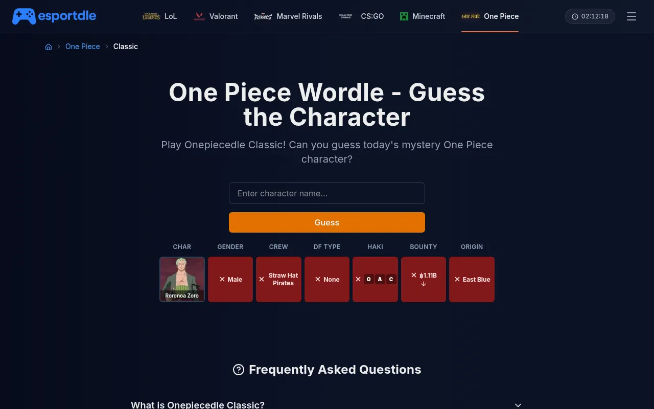 Today's Onepiecedle Classic board on Esportdle after a guess of Roronoa Zoro, with red cells for gender, crew, Devil Fruit type, haki, bounty and origin