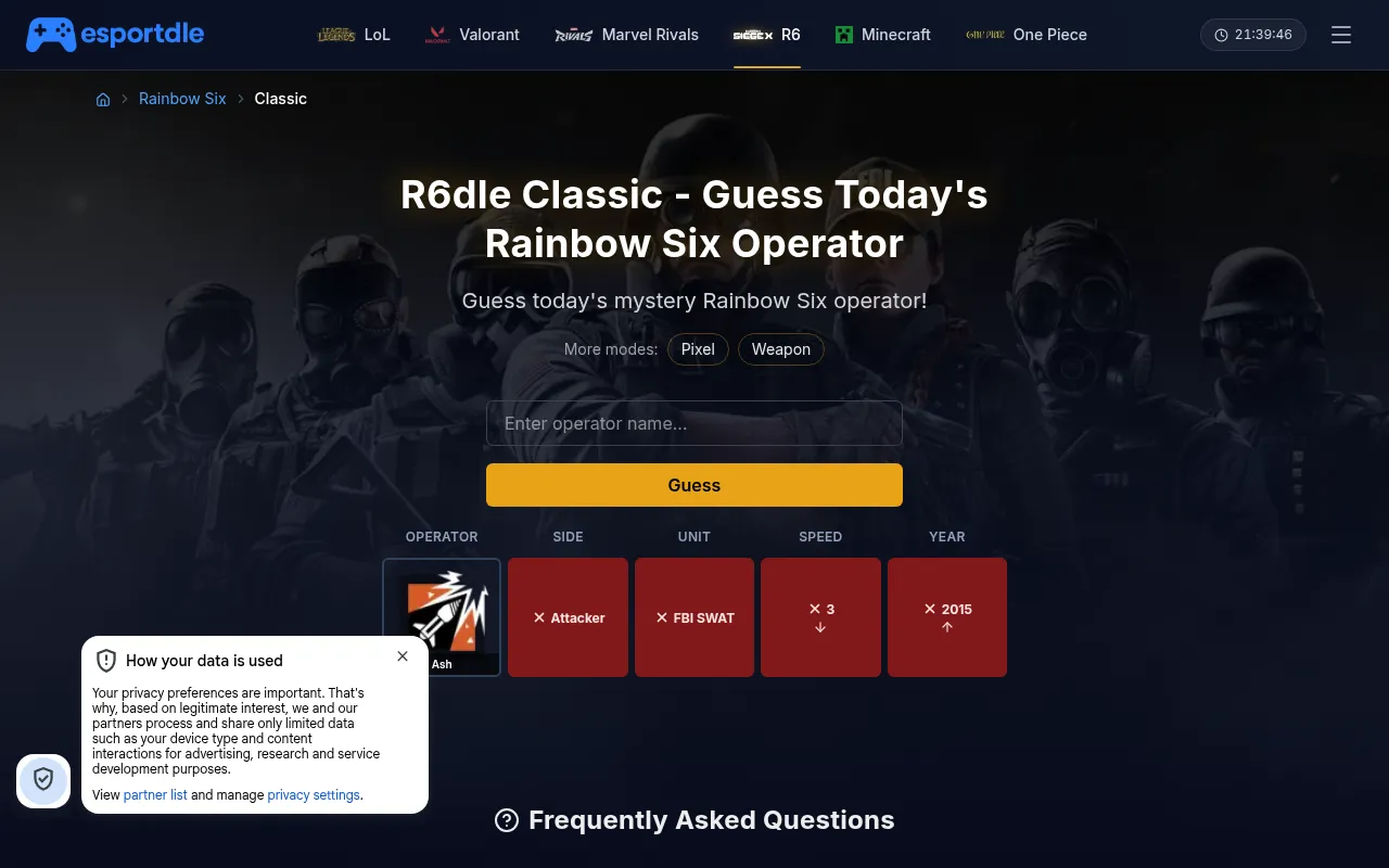 Esportdle R6dle Classic after a first guess, Ash, with red side, unit, speed and year tiles and arrows toward today's operator