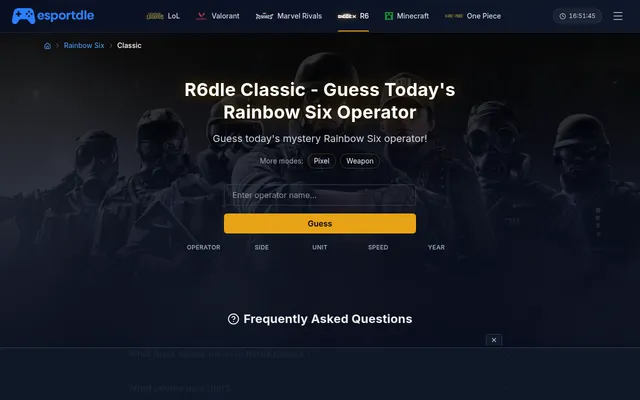 Esportdle R6dle Classic: Guess today's Rainbow Six operator, with a name box, a Guess button and columns for operator, side, unit, speed and year