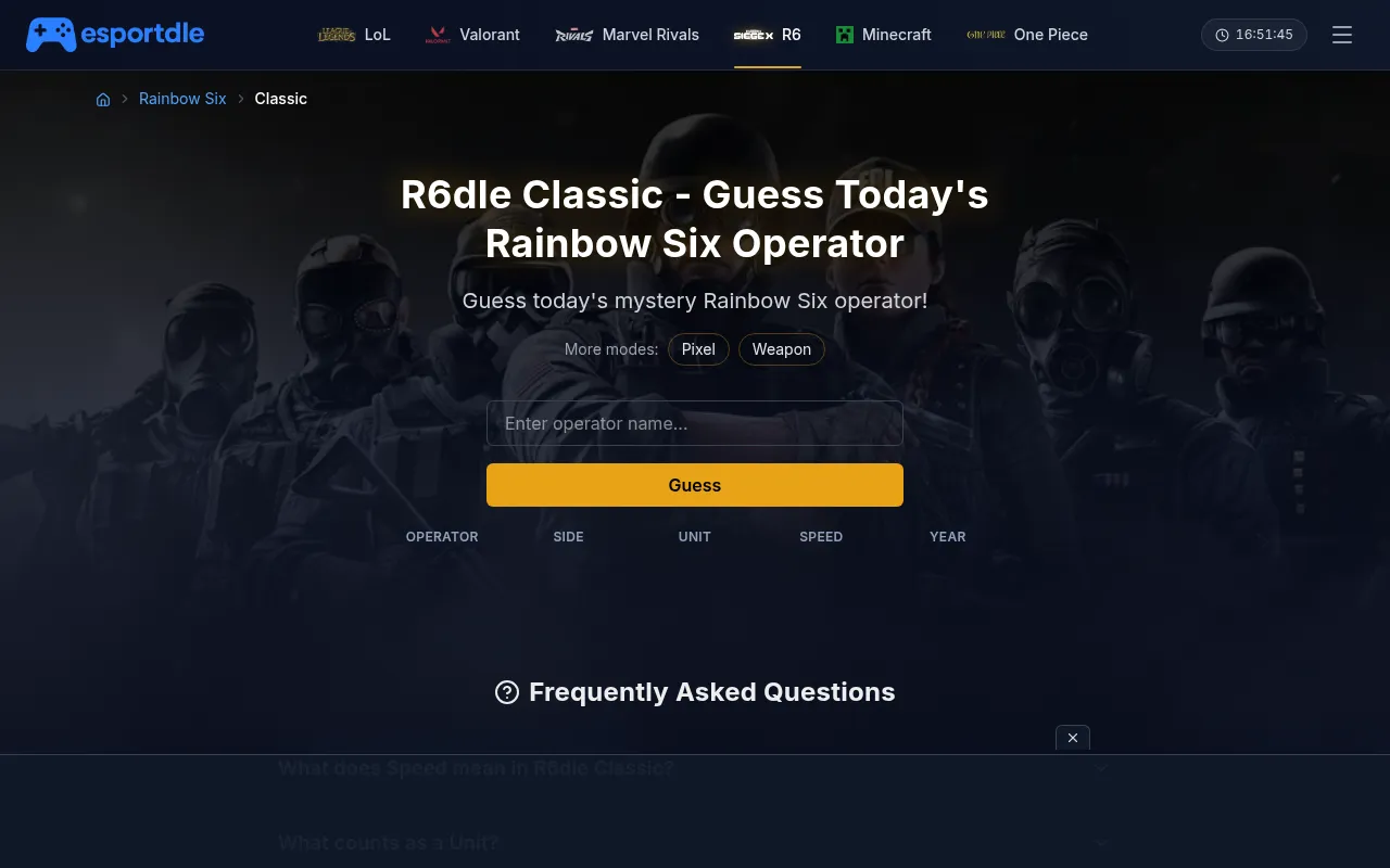 Esportdle R6dle Classic: Guess today's Rainbow Six operator, with a name box, a Guess button and columns for operator, side, unit, speed and year