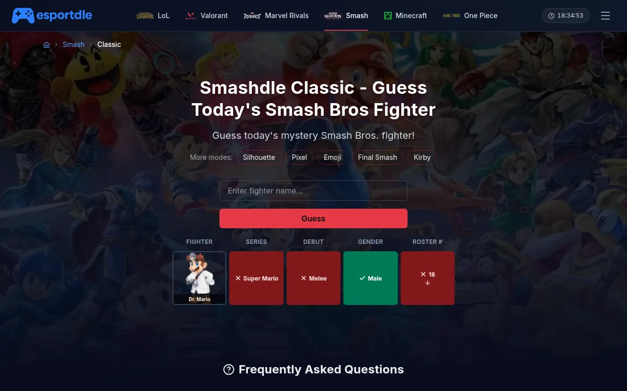 Esportdle Smashdle Classic after a guess of Dr. Mario: series and debut red, gender green, roster number 18 with a down arrow