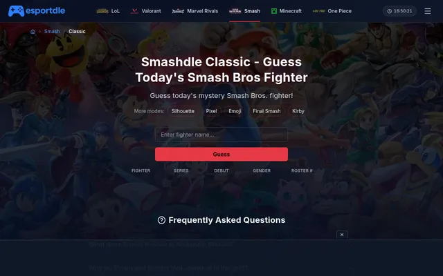 Esportdle Smashdle Classic: Guess today's Smash Bros fighter, with mode buttons Silhouette, Pixel, Emoji, Final Smash and Kirby, a name box and columns for fighter, series, debut, gender and roster nu