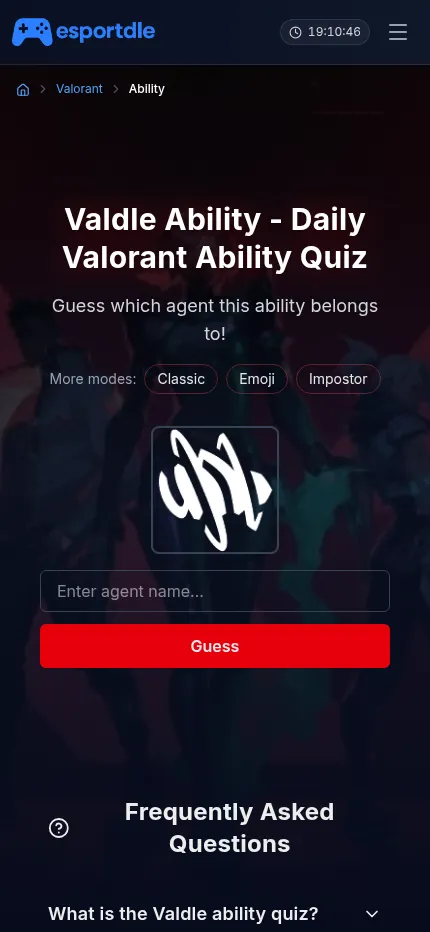 Valdle Ability on a phone: today's Valorant ability icon with an agent name box and a Guess button