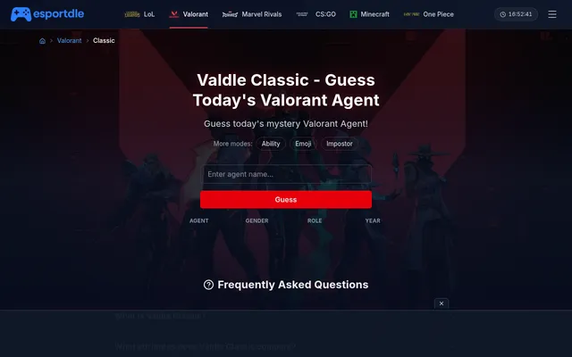 Esportdle Valdle Classic: Guess today's Valorant agent, with an agent name box, a Guess button and columns for agent, gender, role and year