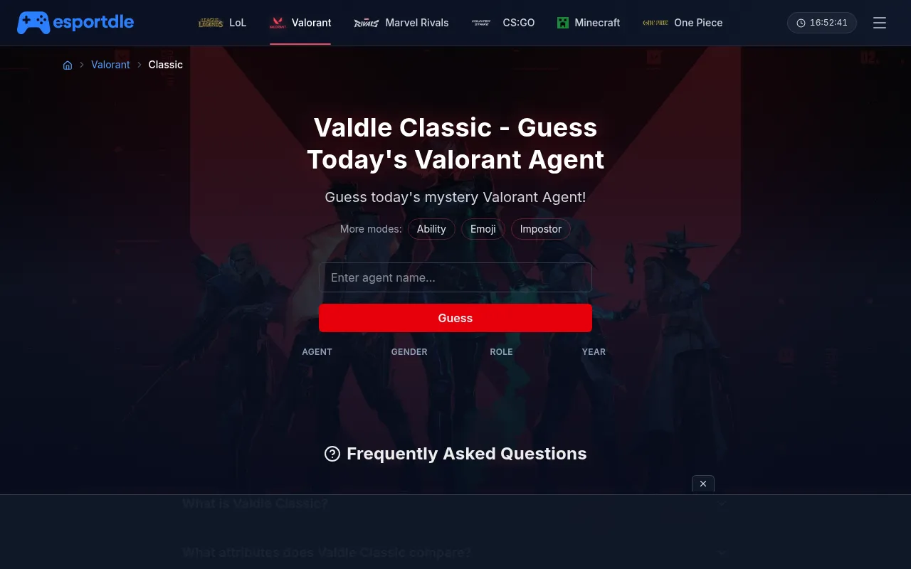 Esportdle Valdle Classic: Guess today's Valorant agent, with an agent name box, a Guess button and columns for agent, gender, role and year