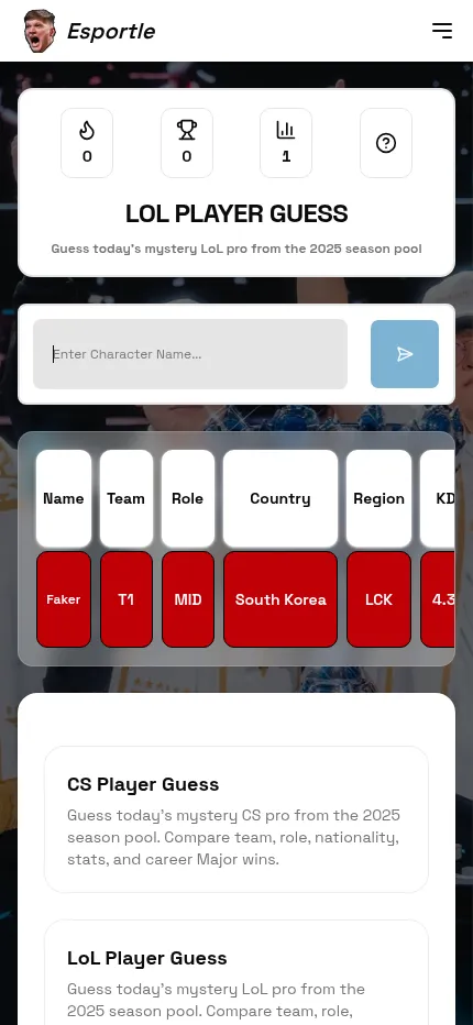 Esportle LoL Player Guess at phone size: a guess of Faker shown in red tiles for team T1, role MID, South Korea and LCK, with the grid scrolling sideways