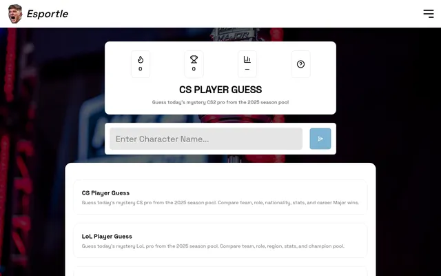 Esportle CS Player Guess: streak, wins and stats buttons above 'Guess today's mystery CS2 pro from the 2025 season pool' and the box to enter a player name, with the list of other modes below