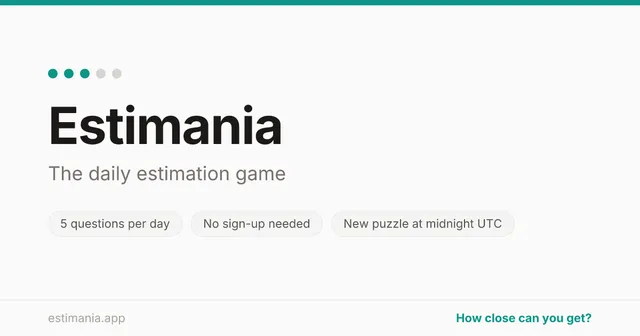 Estimania card: The daily estimation game, 5 questions per day, no sign-up needed, new puzzle at midnight UTC