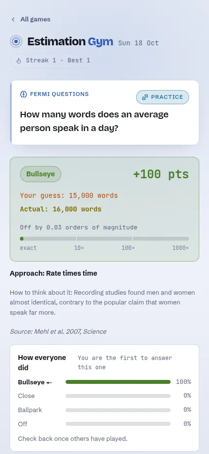 Estimation Gym on a phone after answering the 18 Oct Fermi question: a guess of 15,000 words against 16,000 scores Bullseye for 100 points, with the source and how everyone did