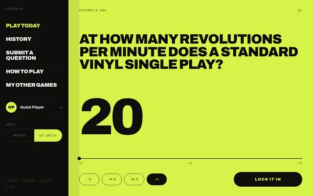 Estimatle #85, question 1 on a desktop: how many revolutions per minute a standard vinyl single plays at, with a slider from 20 to 70, step buttons and a Lock it in button